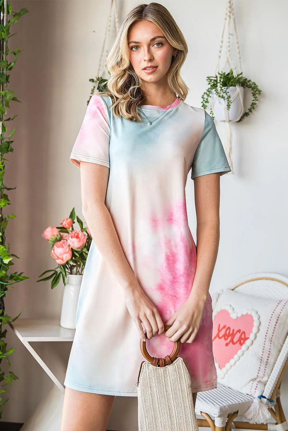 Hazel Blues® | Tie-Dye Round Neck Short Sleeve Slit Dress