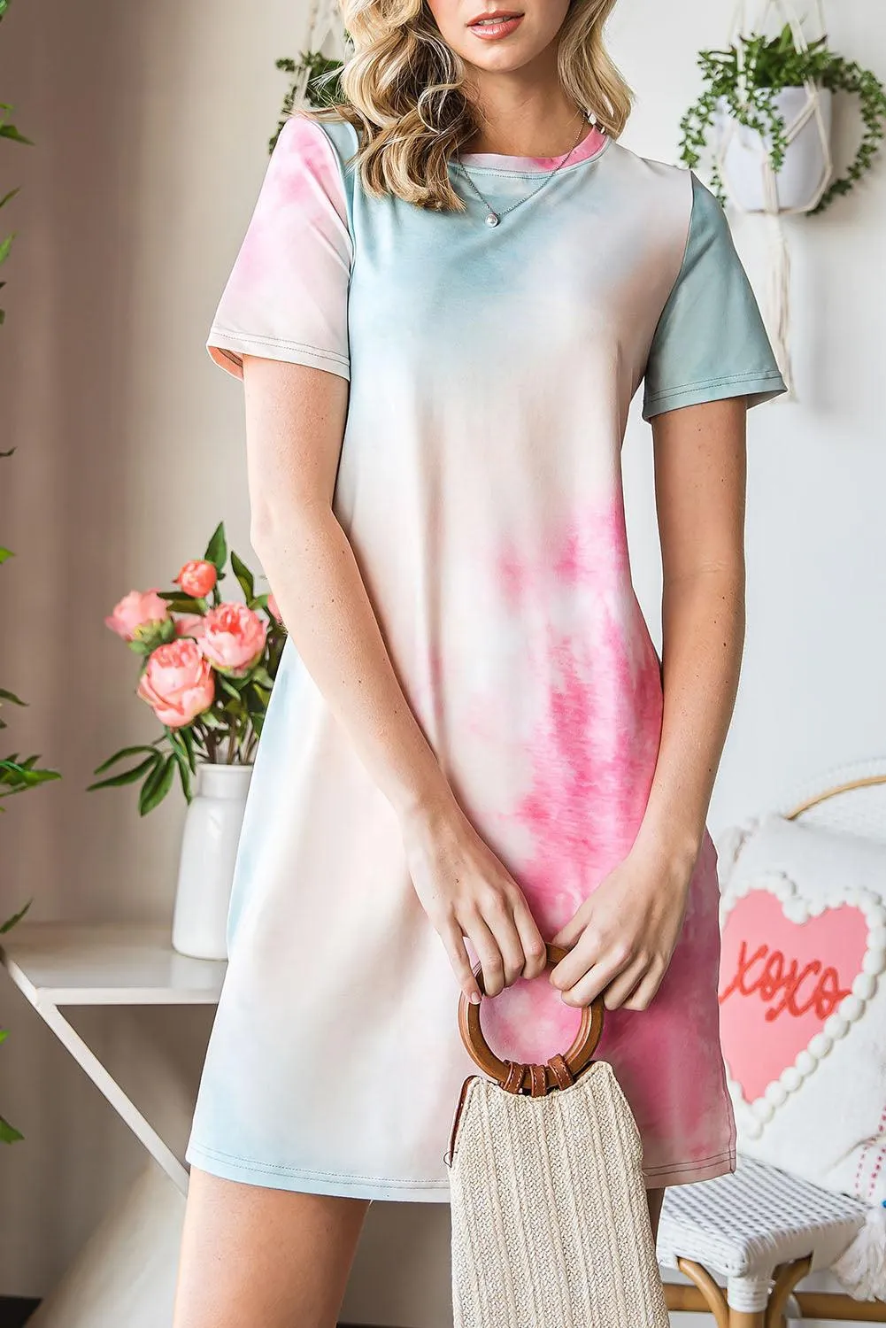 Hazel Blues® | Tie-Dye Round Neck Short Sleeve Slit Dress