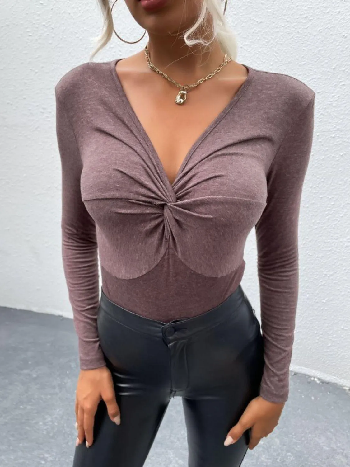 Hazel Blues® | Twist Front V-Neck Long Sleeve Bodysuit