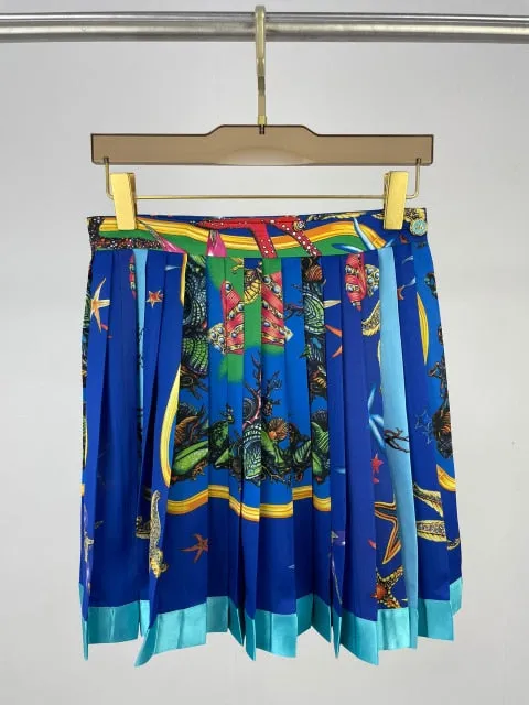 High End Quality Starfish Shell Print Lapel Long Sleeve Shirt Blouse Or High Waist Slit Pleated Skirt