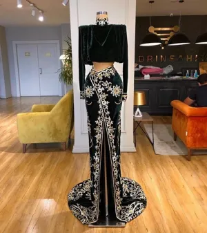 High Neck Green Evening Dresses Front Split Velvet Embroidery Lace