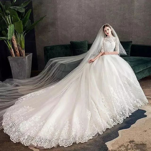 High Neck Half Sleeve Wedding Gown Vintage Bridal Gown
