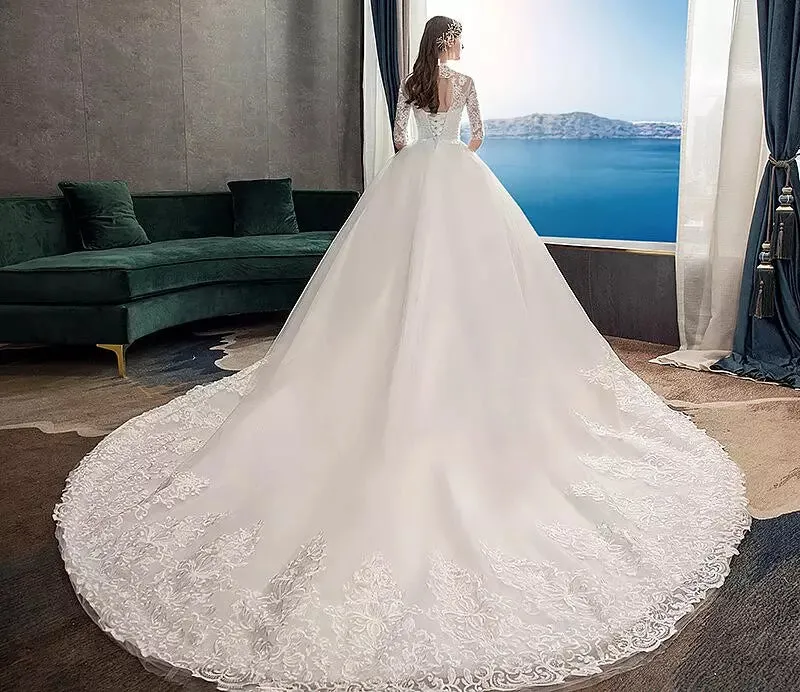 High Neck Half Sleeve Wedding Gown Vintage Bridal Gown