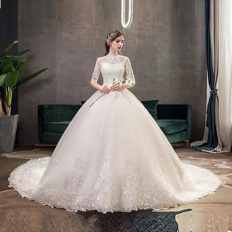 High Neck Half Sleeve Wedding Gown Vintage Bridal Gown