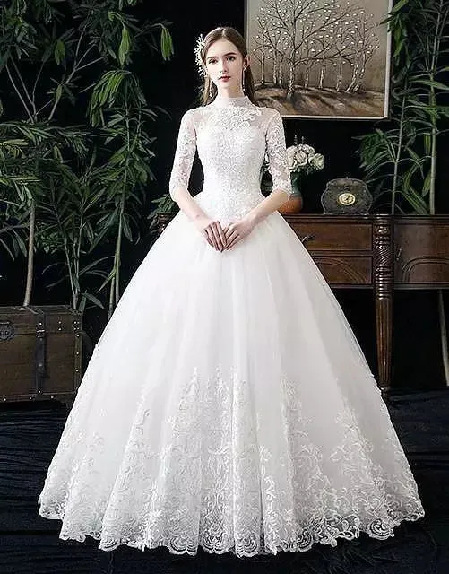 High Neck Half Sleeve Wedding Gown Vintage Bridal Gown