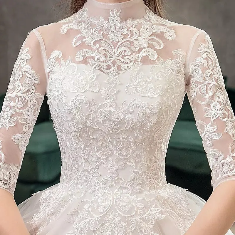High Neck Half Sleeve Wedding Gown Vintage Bridal Gown