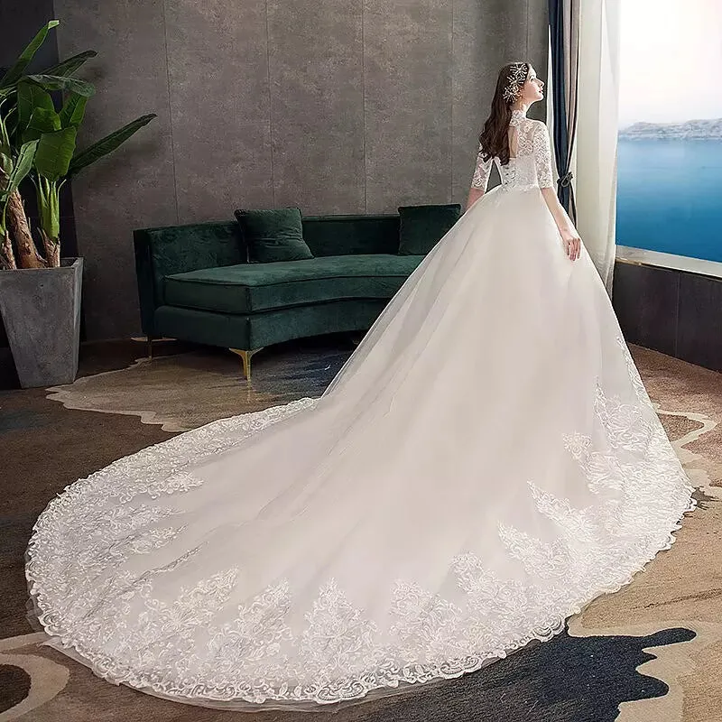 High Neck Half Sleeve Wedding Gown Vintage Bridal Gown