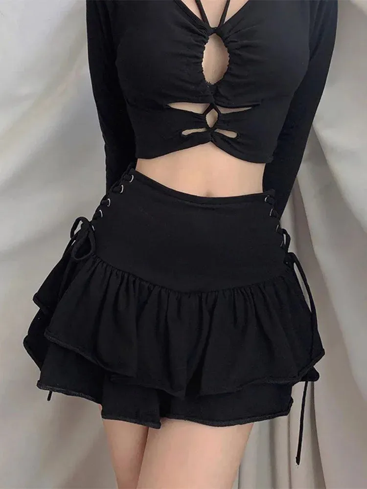 High Waist Bandage Mini Skirt - Mall Goth Y2k Style