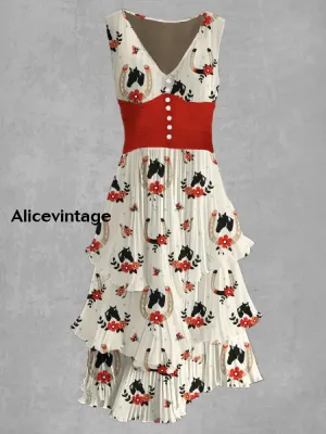Horse Art Print V-Neck Button Up Retro Midi Dress Derby Dress