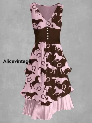 Horse Art Print V-Neck Button Up Retro Midi Dress Derby Dress