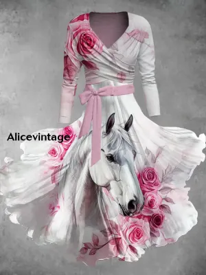 Horse Art Print V-Neck Vintage Long Sleeve Two Piece Dress Derby Dress