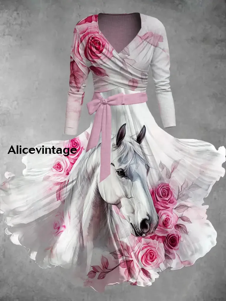 Horse Art Print V-Neck Vintage Long Sleeve Two Piece Dress Derby Dress