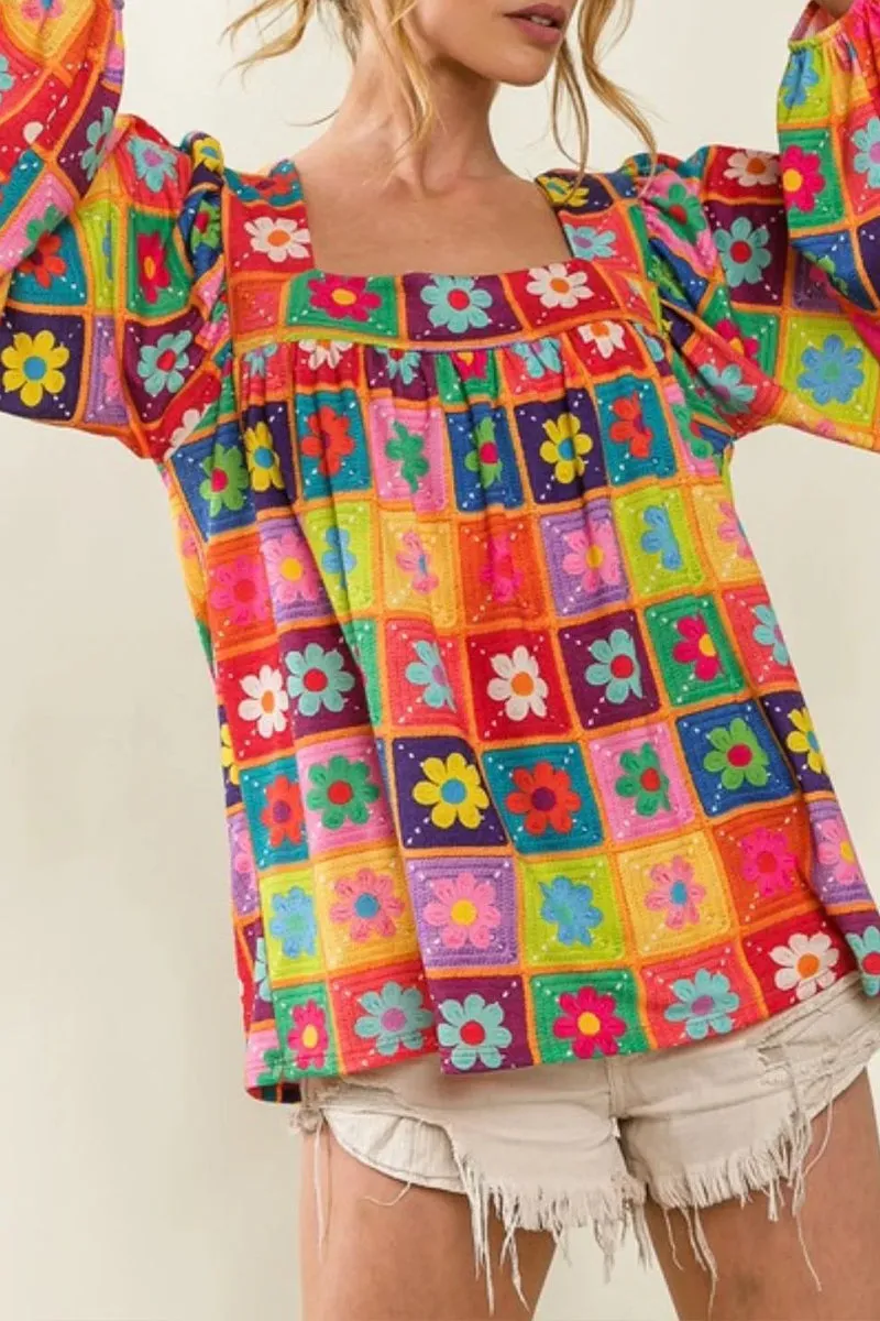 HTR1031 Boho Floral Patchwork Blouse Tops