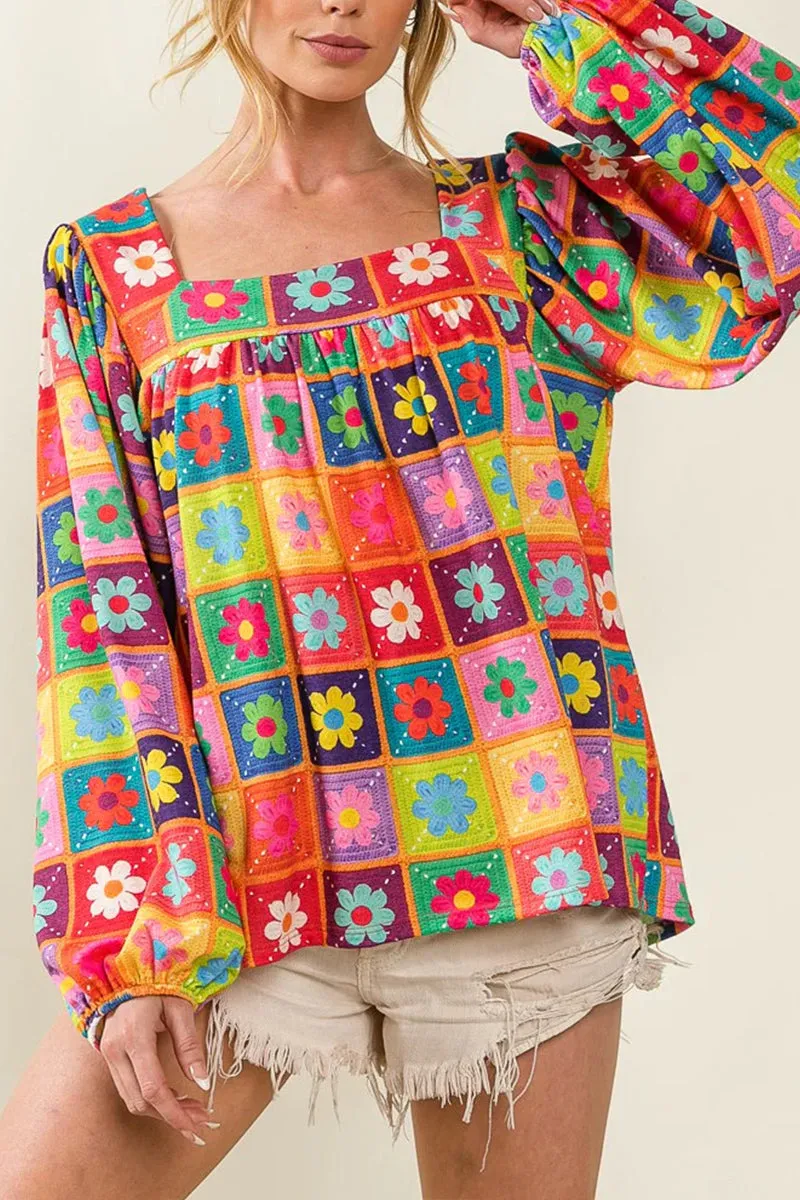 HTR1031 Boho Floral Patchwork Blouse Tops