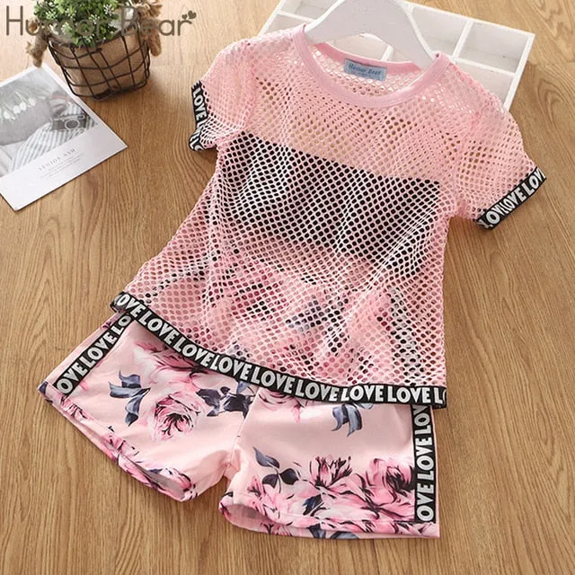 Humor Bear Baby Girl Clothes Hot Summer Children's Girls' Clothing Sets Kids Bay Clothes Toddler Chiffon bowknot coat Pants 1-4Y