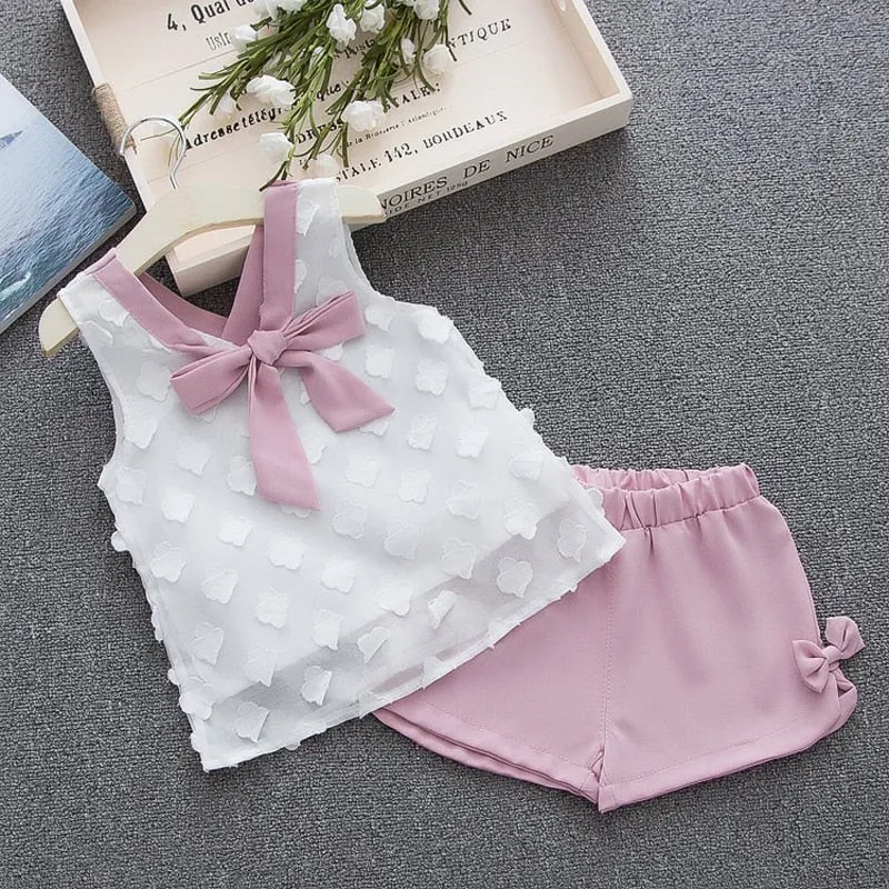 Humor Bear Baby Girl Clothes Hot Summer Children's Girls' Clothing Sets Kids Bay Clothes Toddler Chiffon bowknot coat Pants 1-4Y