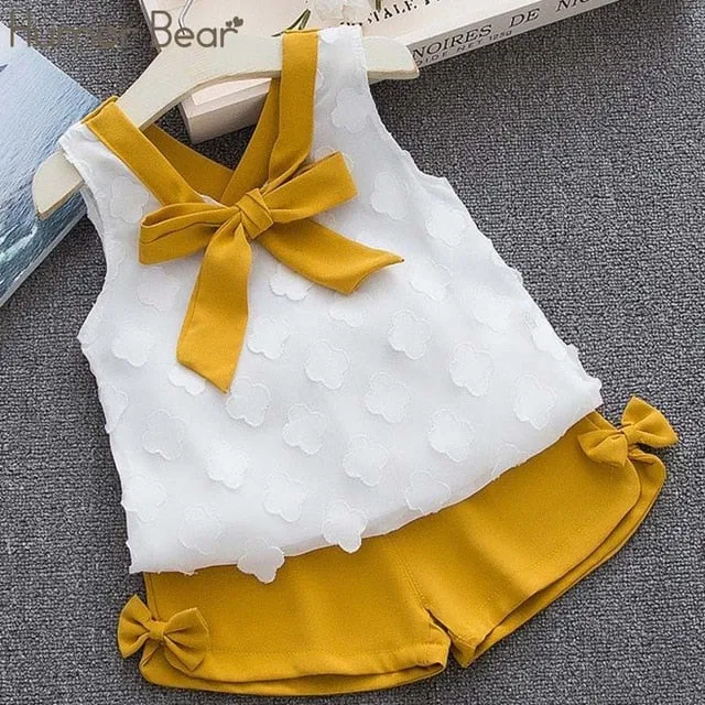 Humor Bear Baby Girl Clothes Hot Summer Children's Girls' Clothing Sets Kids Bay Clothes Toddler Chiffon bowknot coat Pants 1-4Y