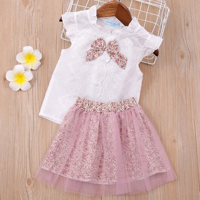 Humor Bear Baby Girl Clothes Hot Summer Children's Girls' Clothing Sets Kids Bay Clothes Toddler Chiffon bowknot coat Pants 1-4Y