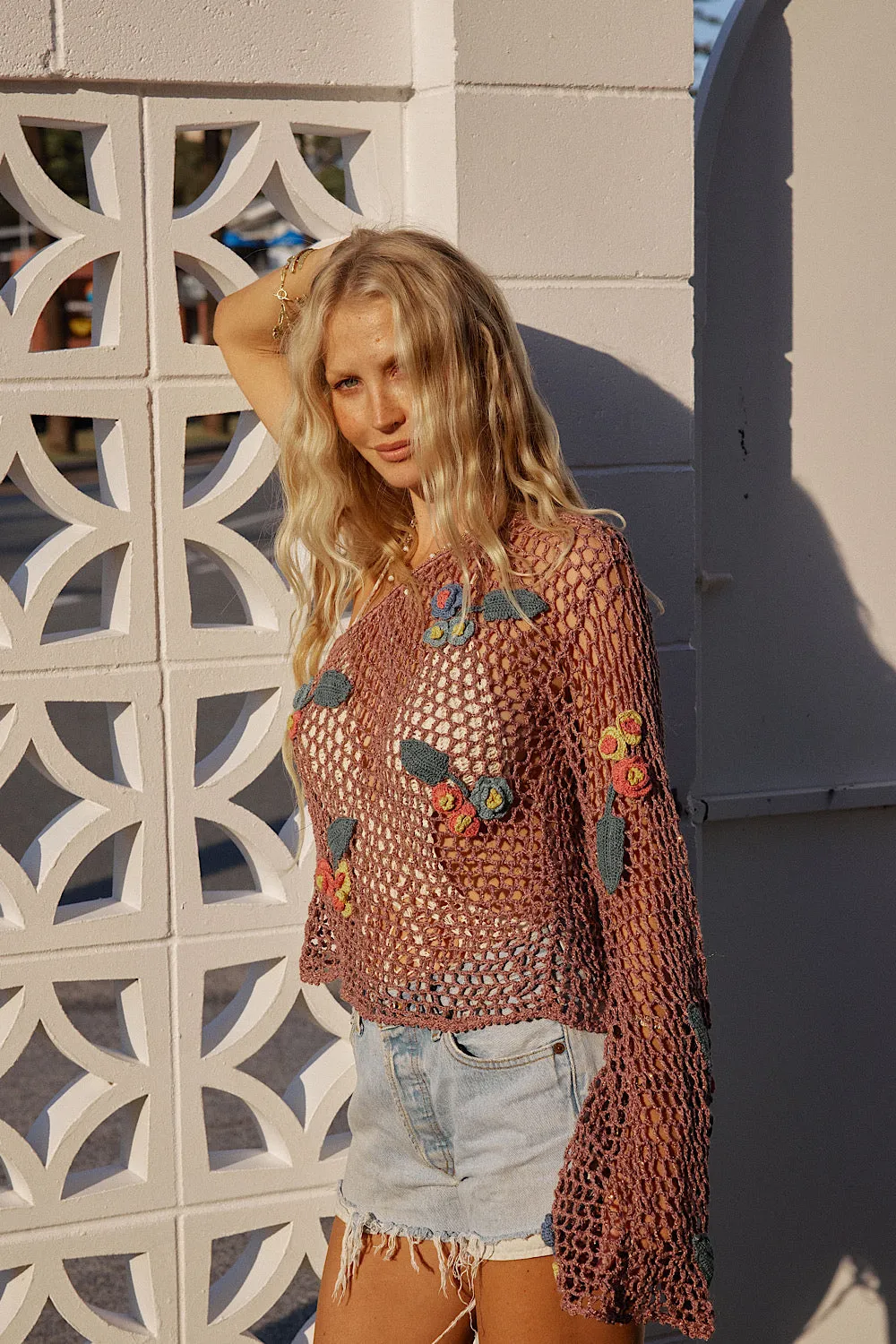 If You Had My Love Floral Appliqué One Shoulder Crochet Top