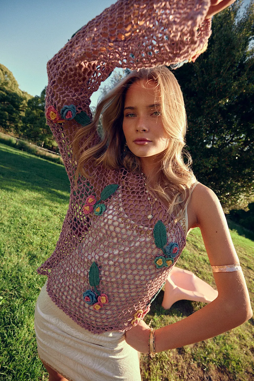 If You Had My Love Floral Appliqué One Shoulder Crochet Top