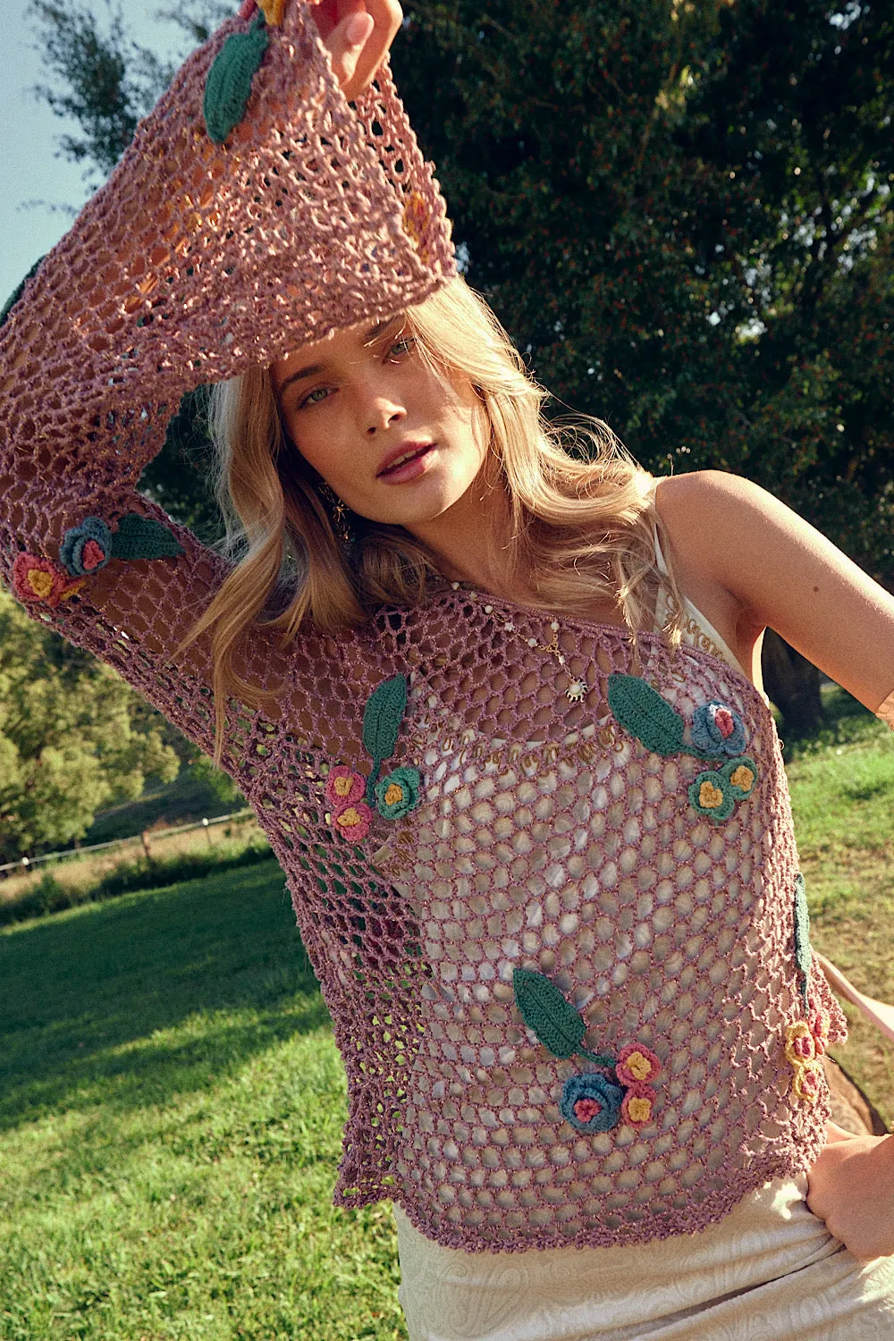 If You Had My Love Floral Appliqué One Shoulder Crochet Top