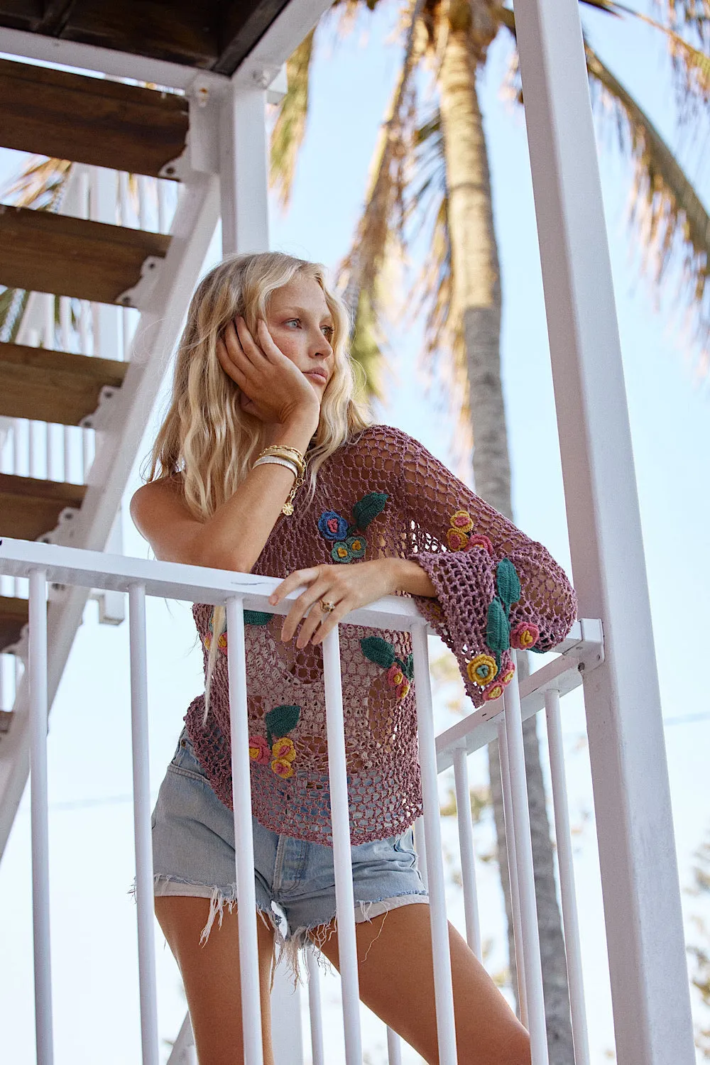 If You Had My Love Floral Appliqué One Shoulder Crochet Top