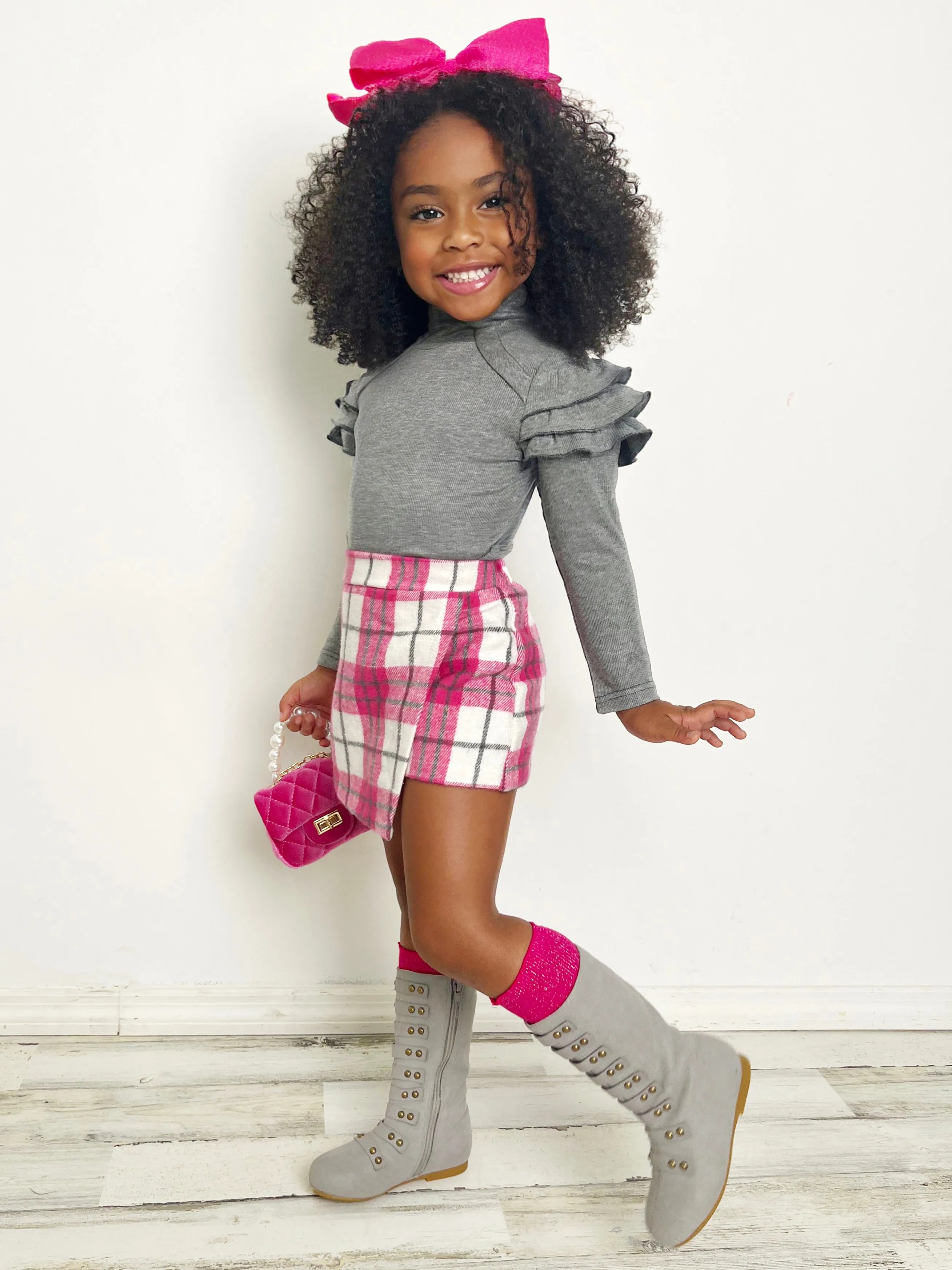 In Vogue Ruffle Sleeve Sweater and Checkered Skort Set