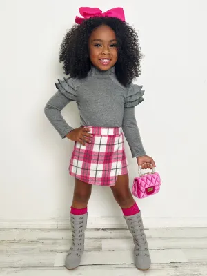 In Vogue Ruffle Sleeve Sweater and Checkered Skort Set