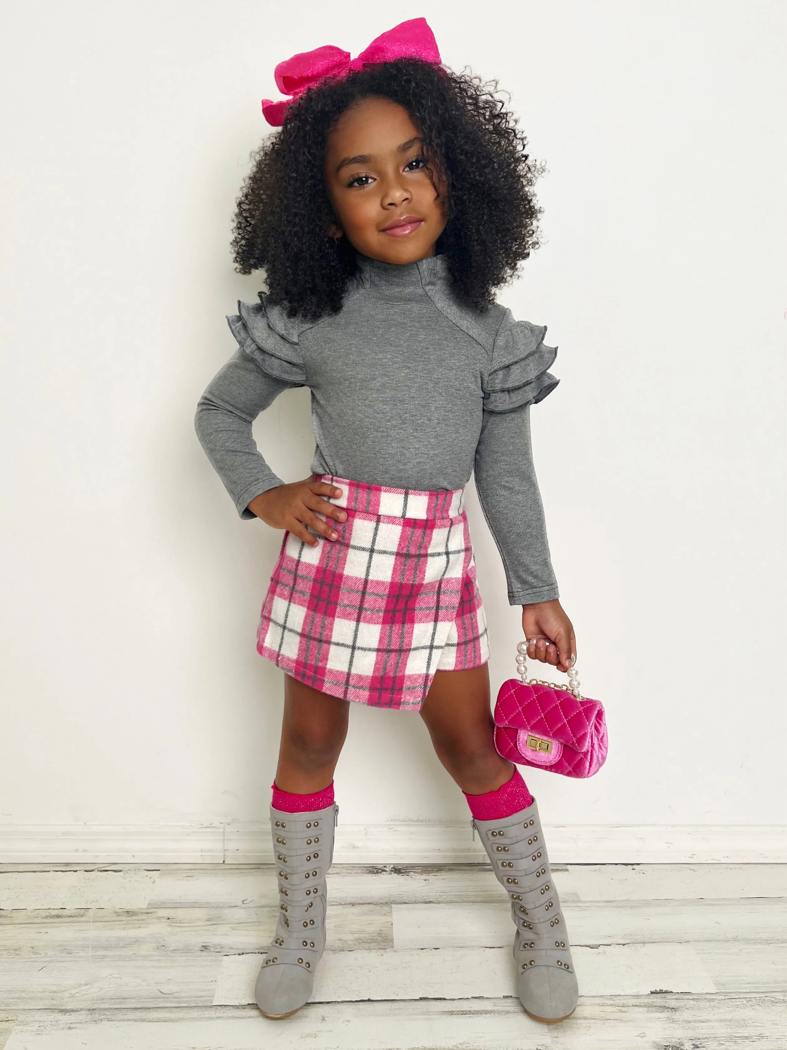 In Vogue Ruffle Sleeve Sweater and Checkered Skort Set