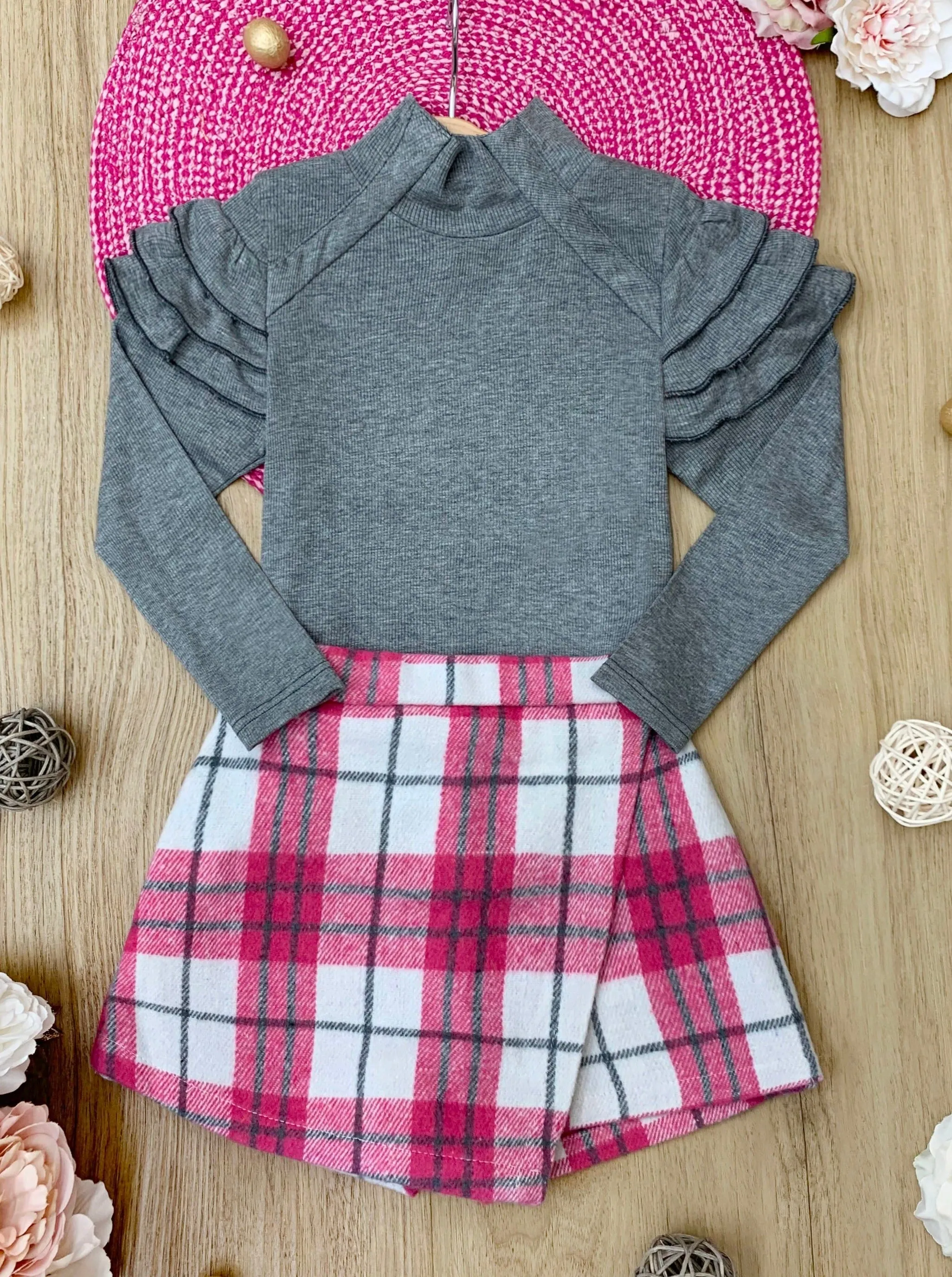 In Vogue Ruffle Sleeve Sweater and Checkered Skort Set