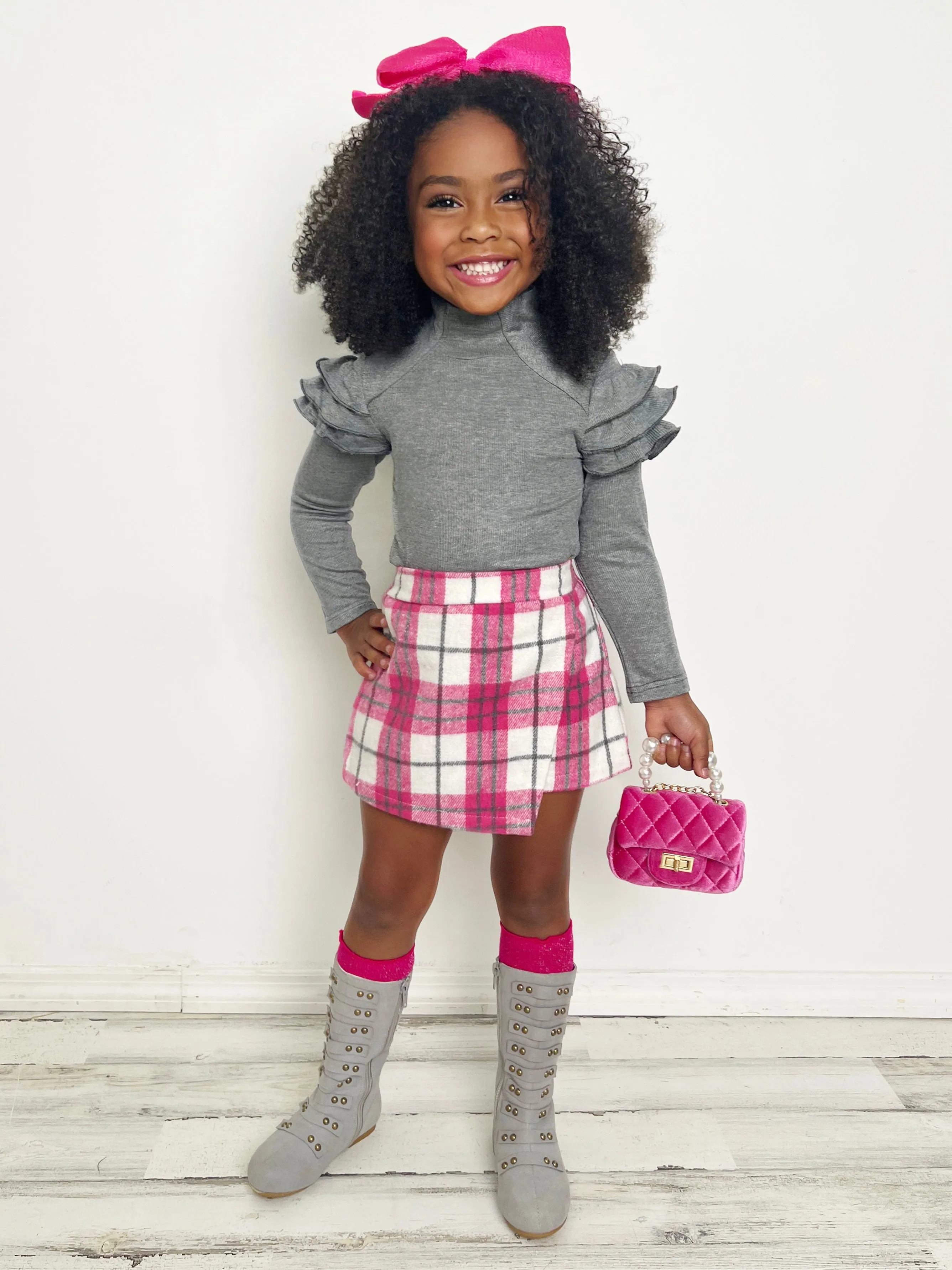 In Vogue Ruffle Sleeve Sweater and Checkered Skort Set