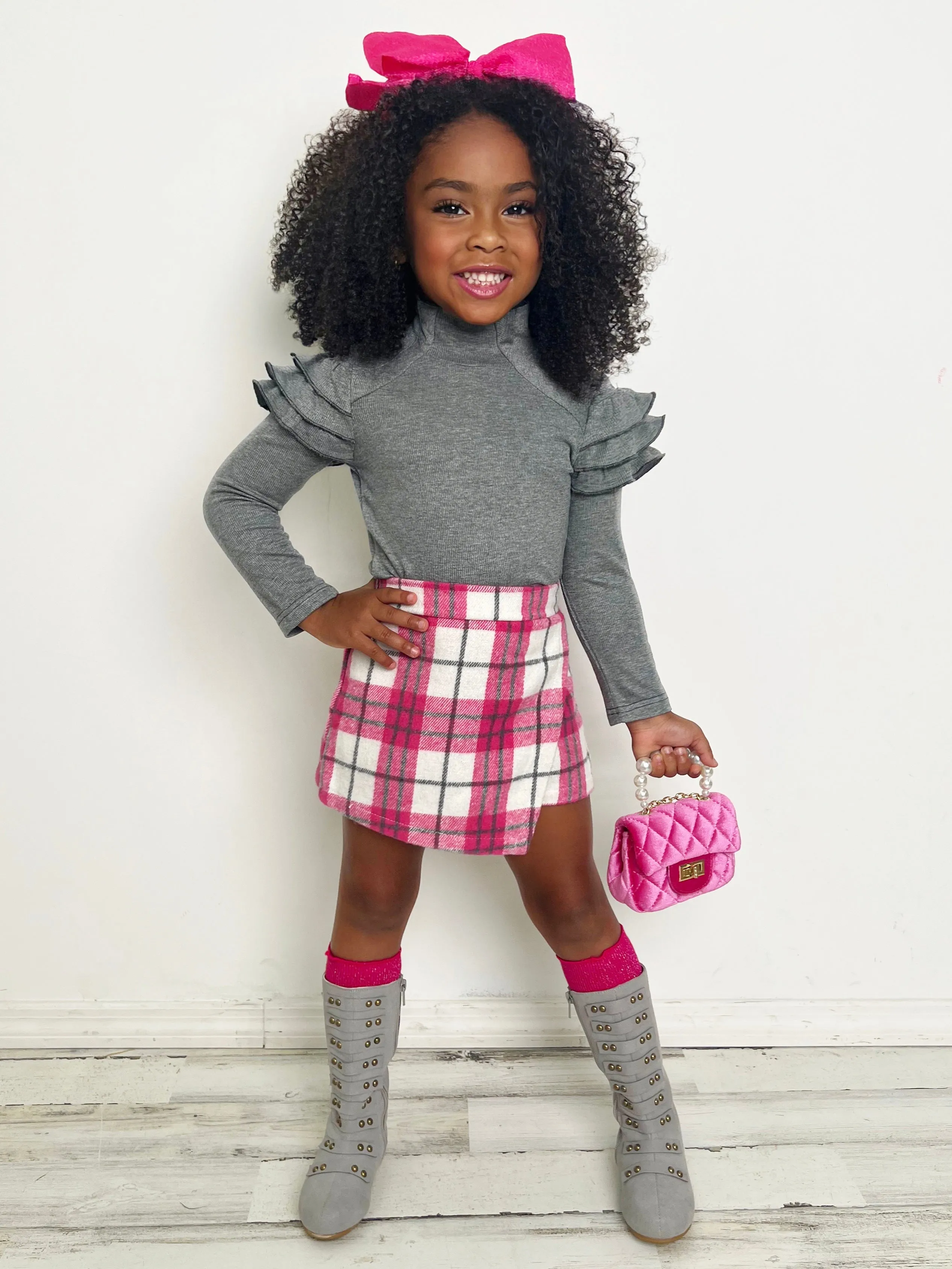 In Vogue Ruffle Sleeve Sweater and Checkered Skort Set
