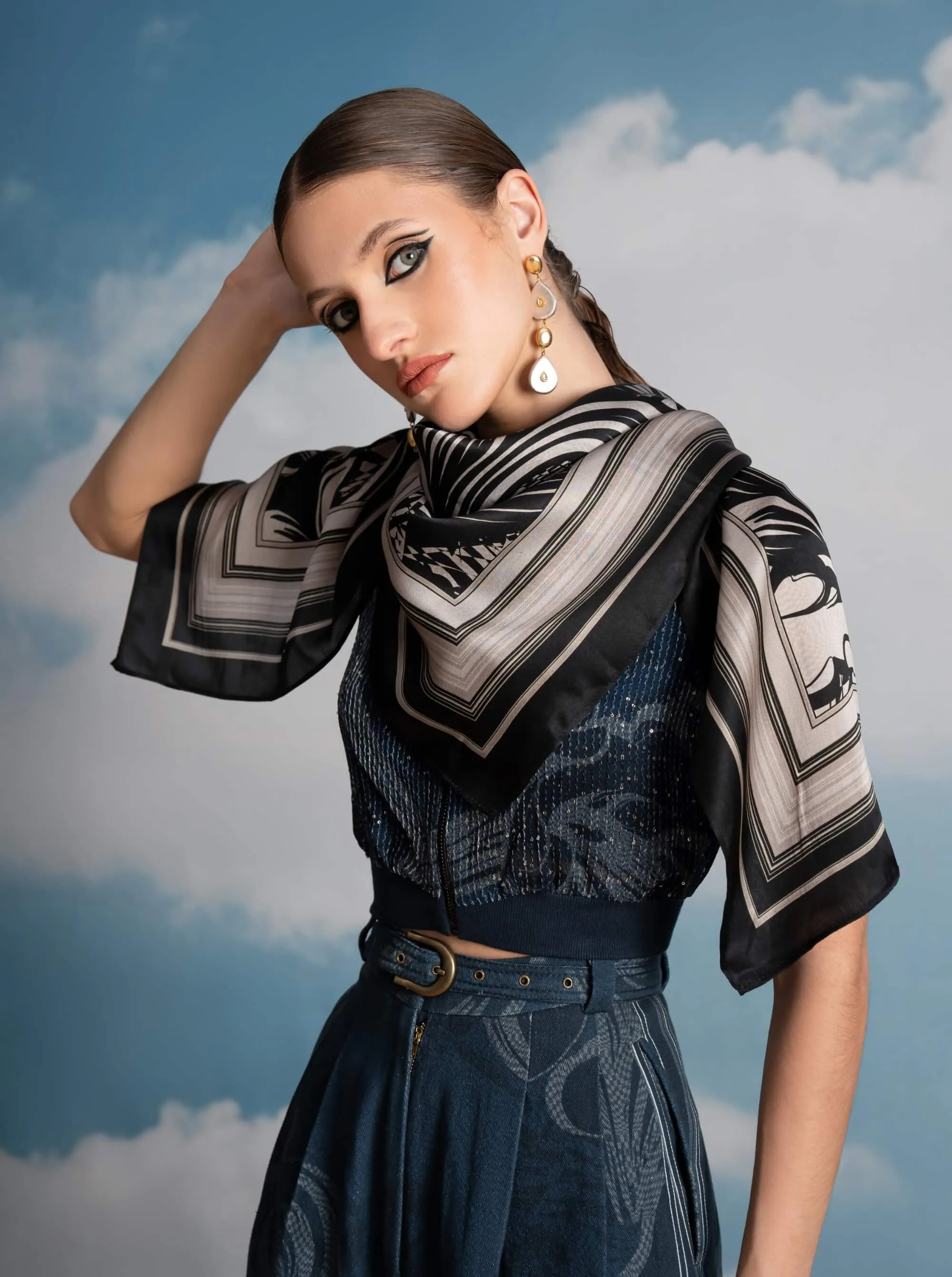 Indigo swirl printed sequins vest