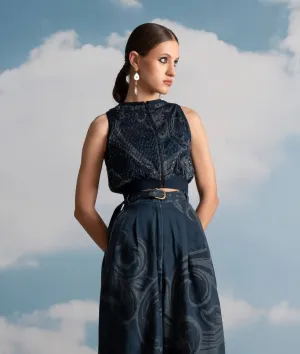 Indigo swirl printed sequins vest