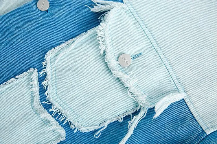 Irregular Color Contrast Patchwork Denim Jacket - Trendy Casual Outerwear
