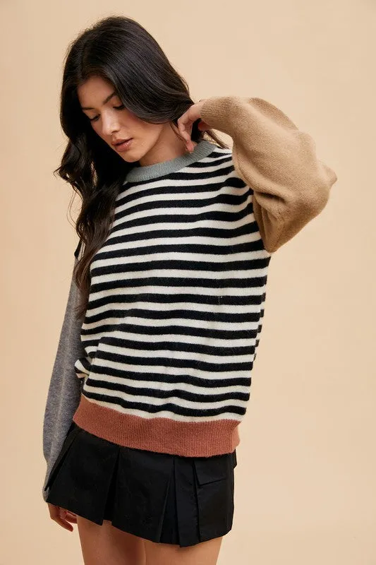 Ivory/Black Striped Color Block Round Neck Sweater