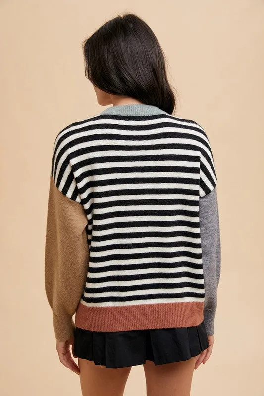 Ivory/Black Striped Color Block Round Neck Sweater