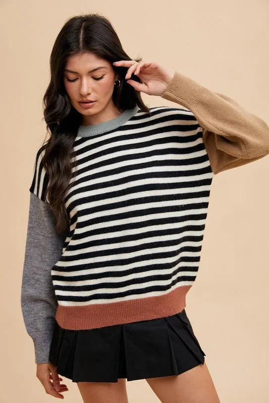Ivory/Black Striped Color Block Round Neck Sweater
