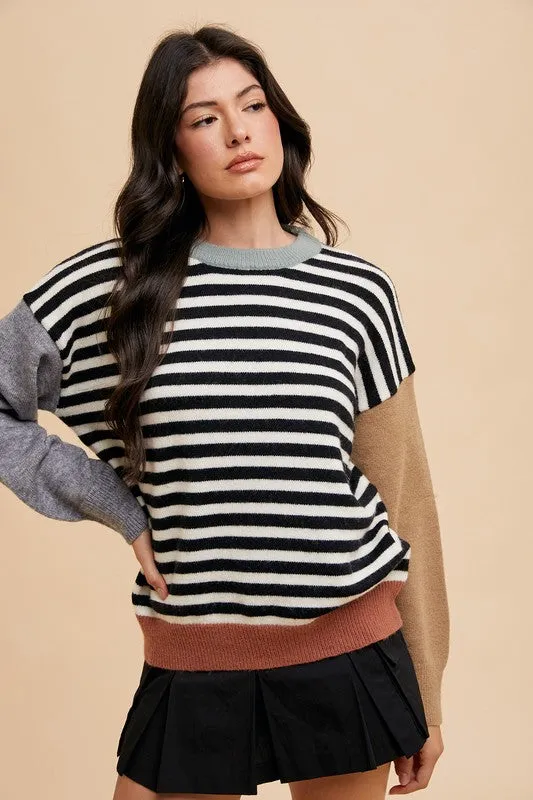 Ivory/Black Striped Color Block Round Neck Sweater