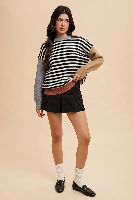Ivory/Black Striped Color Block Round Neck Sweater