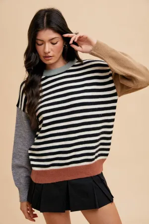 Ivory/Black Striped Color Block Round Neck Sweater