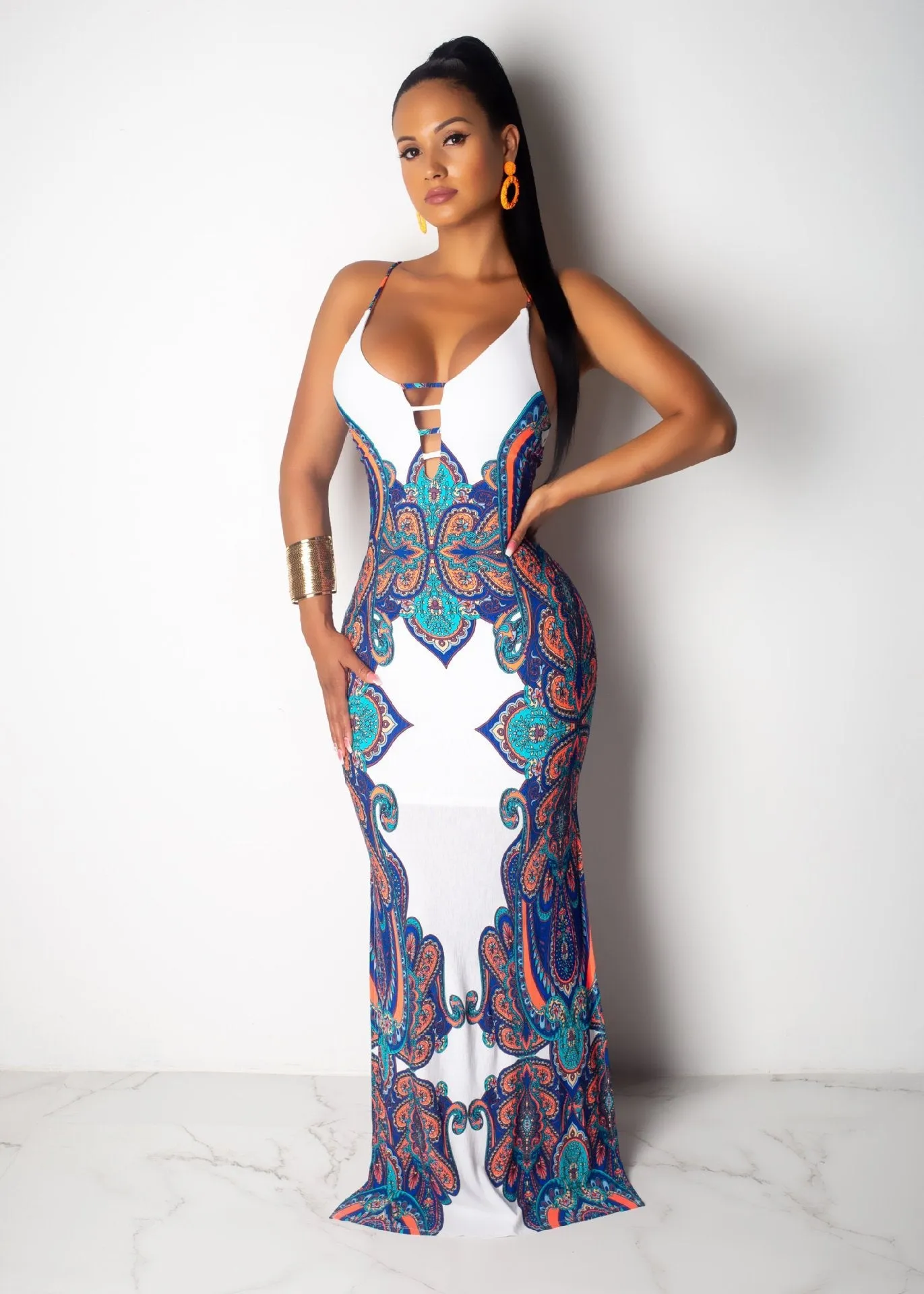 J8947 Bohemian casual beach dress Vintage Tribal Print Slip Backless Casual Long Maxi Dresses Women