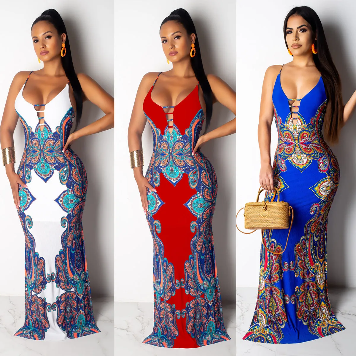J8947 Bohemian casual beach dress Vintage Tribal Print Slip Backless Casual Long Maxi Dresses Women