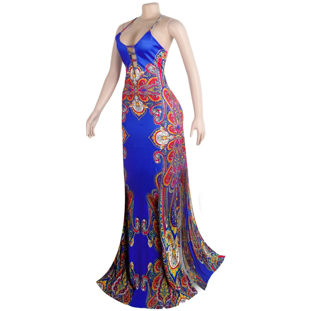 J8947 Bohemian casual beach dress Vintage Tribal Print Slip Backless Casual Long Maxi Dresses Women
