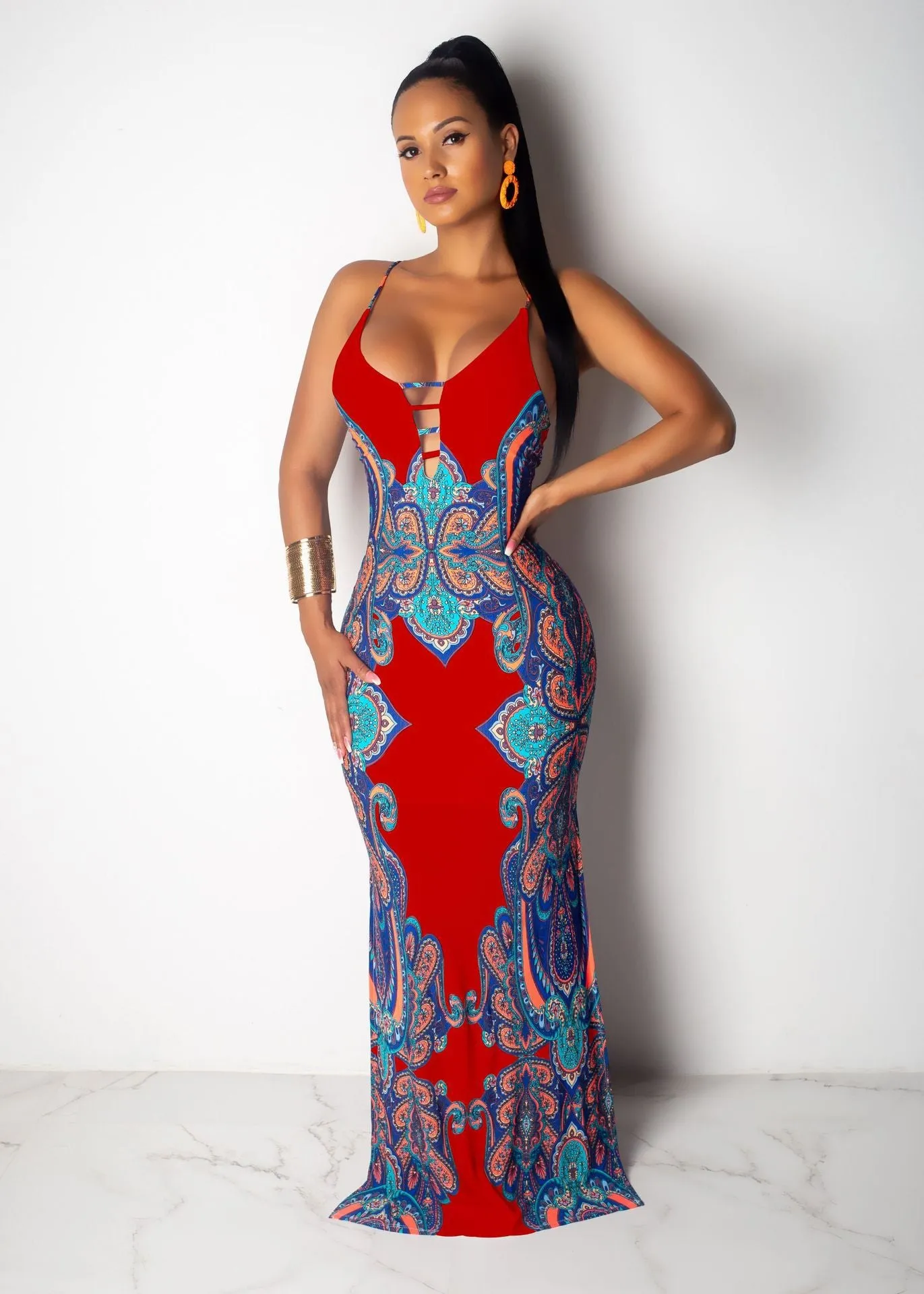 J8947 Bohemian casual beach dress Vintage Tribal Print Slip Backless Casual Long Maxi Dresses Women