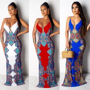 J8947 Bohemian casual beach dress Vintage Tribal Print Slip Backless Casual Long Maxi Dresses Women