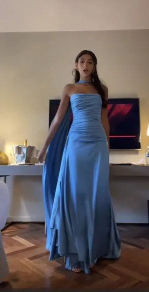 JazzHer Vintage A line Strapless Blue Satin Evening Dress Prom Dresses Long Birthday Outfits BD  (PRE-ORDER)