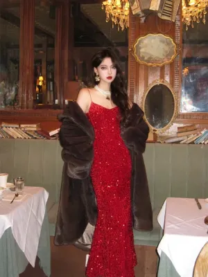 JazzHer Vintage Mermaid Spaghetti Straps Red Sequin Birthday Dress Prom Dresses (PRE-ORDER)