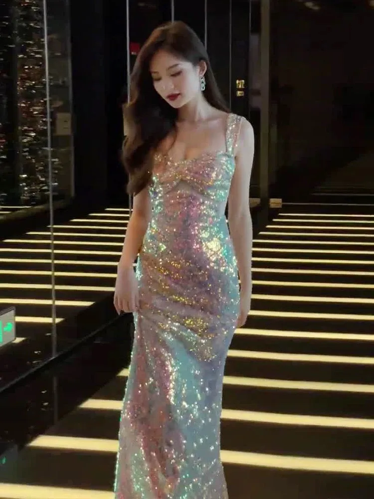 JazzHer Vintage Mermaid Straps Sequin Backless Long Birthday Dress Prom Dresses (PRE-ORDER)