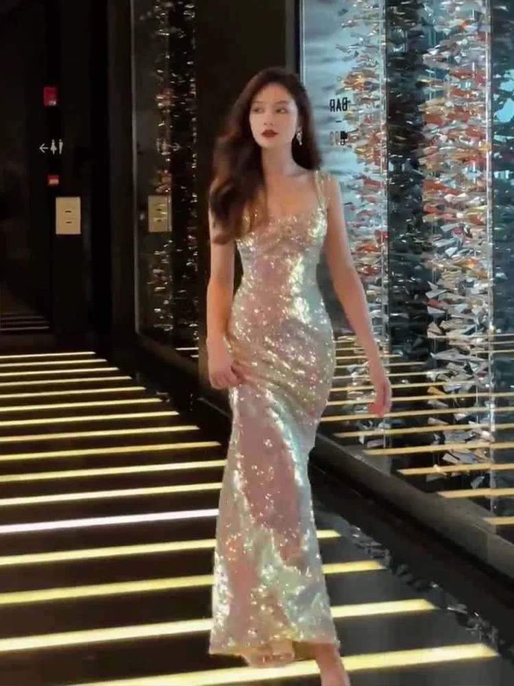 JazzHer Vintage Mermaid Straps Sequin Backless Long Birthday Dress Prom Dresses (PRE-ORDER)